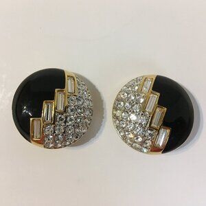 Clip-on Earrings Round Rectangle Crystal Rhinestones Black Gold Tone Metal